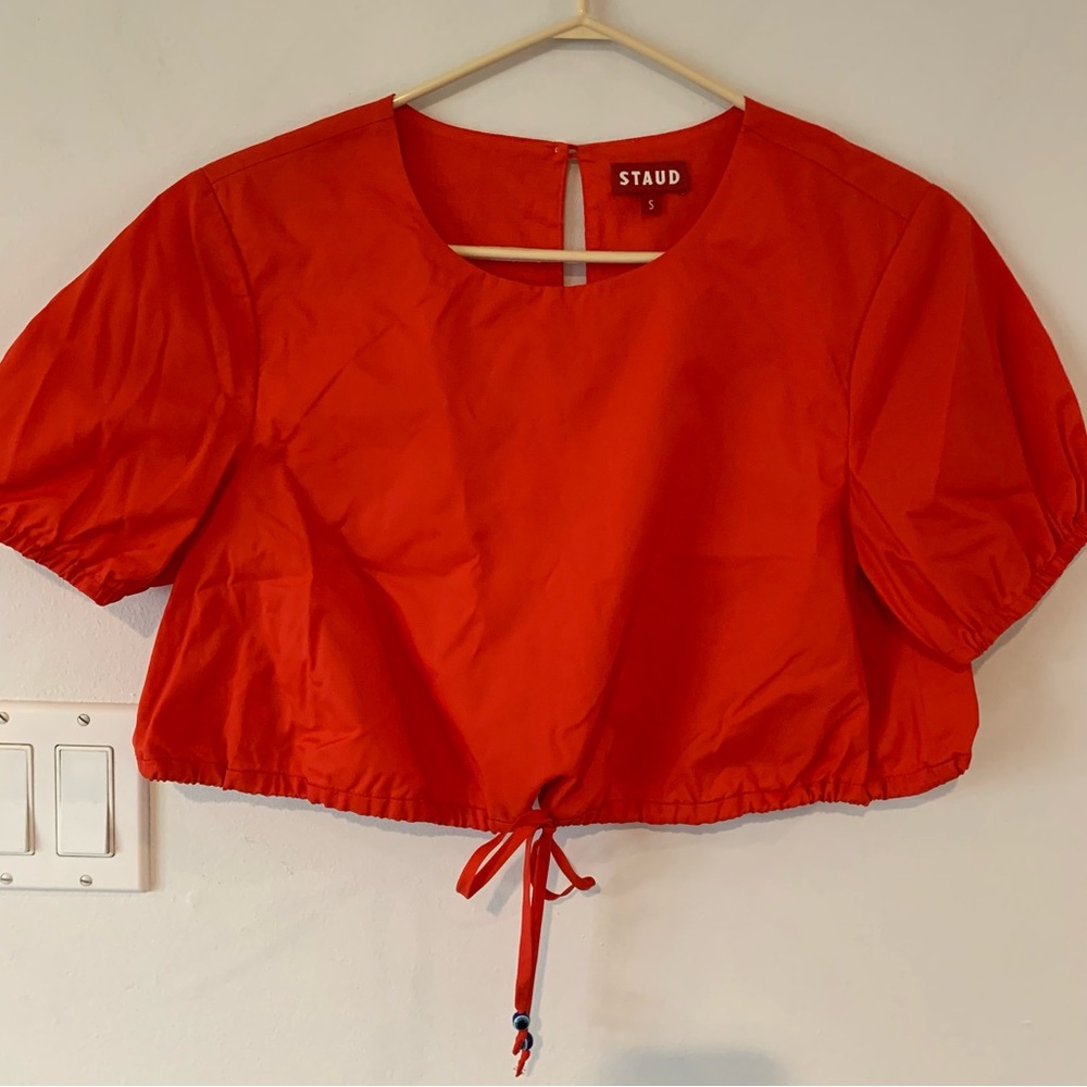 STAUD Prato Red Recycled Nylon Top Crop Shirt Drawstring Women’s  Small S
